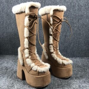 Demonia Camel-311 Platform Boots Womens Size 8 Brown Faux Fur Winter Knee High